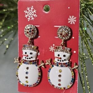 Festive Snowman Earrings with Colorful Rhinestones